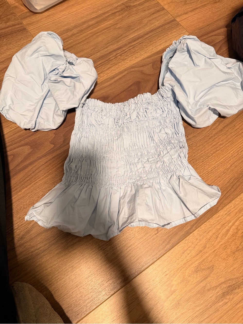 Astr Light Blue Smocked Puff Sleeve Top